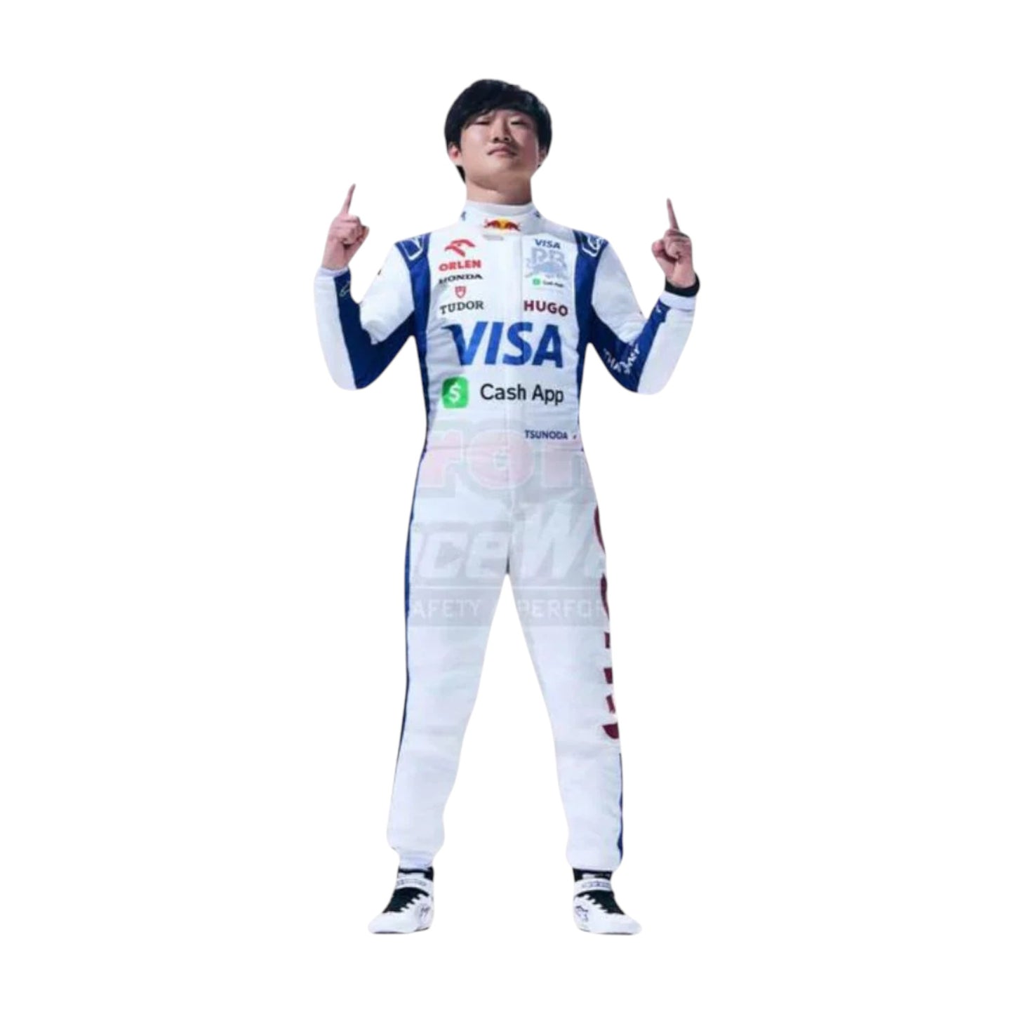 Yuki Tsunoda 2024 AlphaTauri F1 race suit replica with navy blue and white design featuring Red Bull and Honda branding