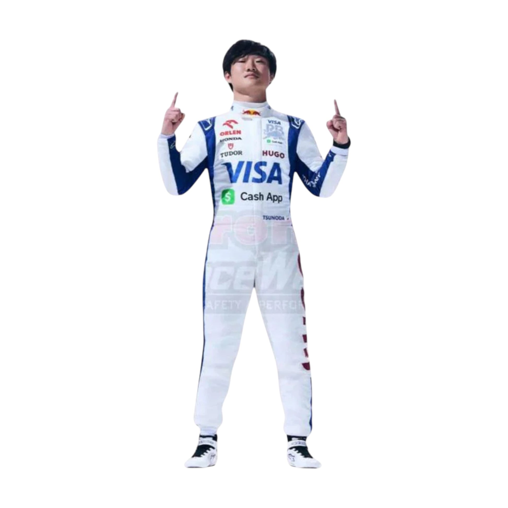 Yuki Tsunoda 2024 AlphaTauri F1 race suit replica with navy blue and white design featuring Red Bull and Honda branding