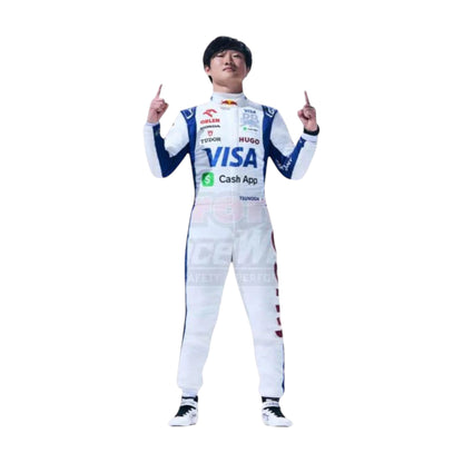 Yuki Tsunoda 2024 AlphaTauri F1 race suit replica with navy blue and white design featuring Red Bull and Honda branding
