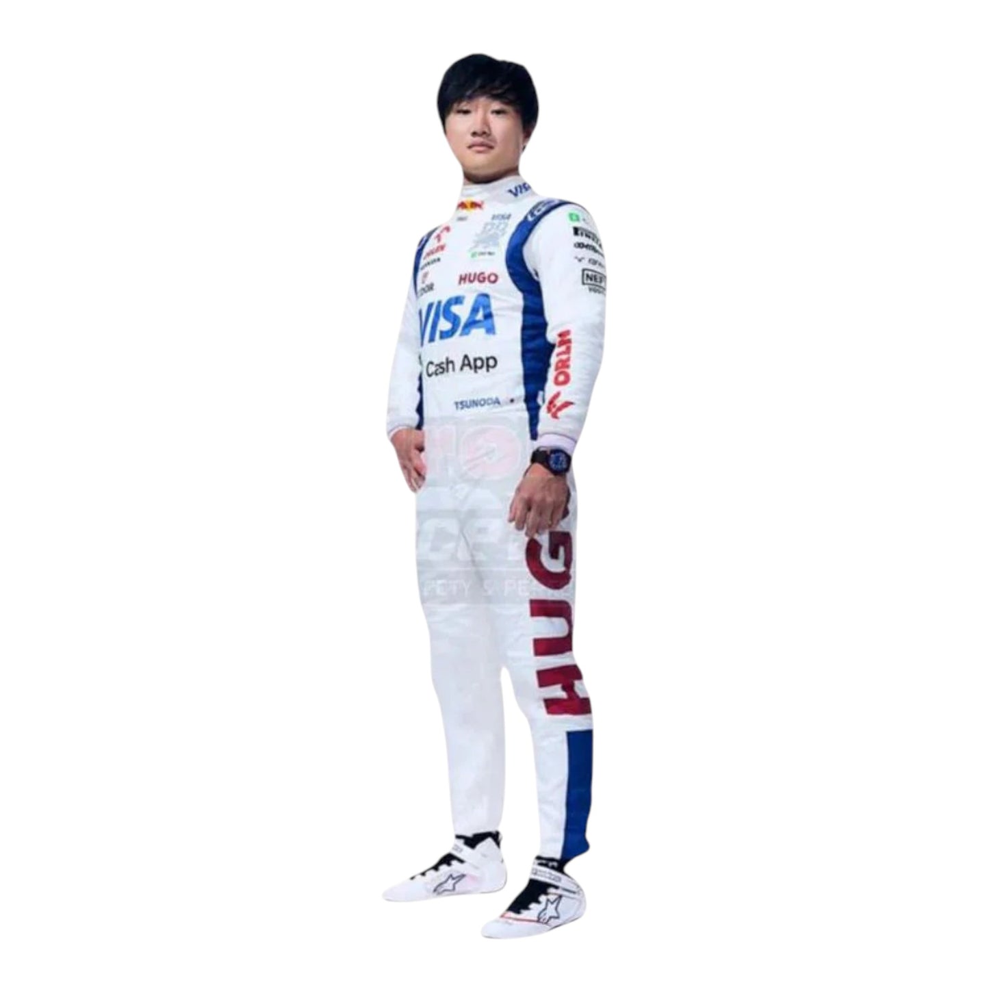 Yuki Tsunoda 2024 AlphaTauri F1 race suit replica with navy blue and white design featuring Red Bull and Honda branding