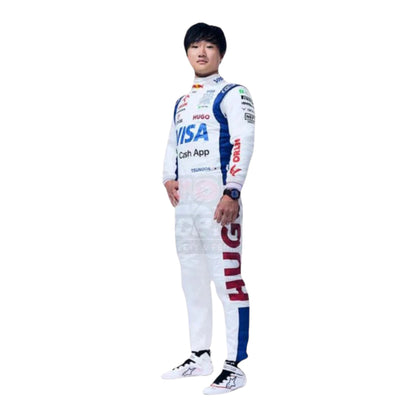 Yuki Tsunoda 2024 AlphaTauri F1 race suit replica with navy blue and white design featuring Red Bull and Honda branding