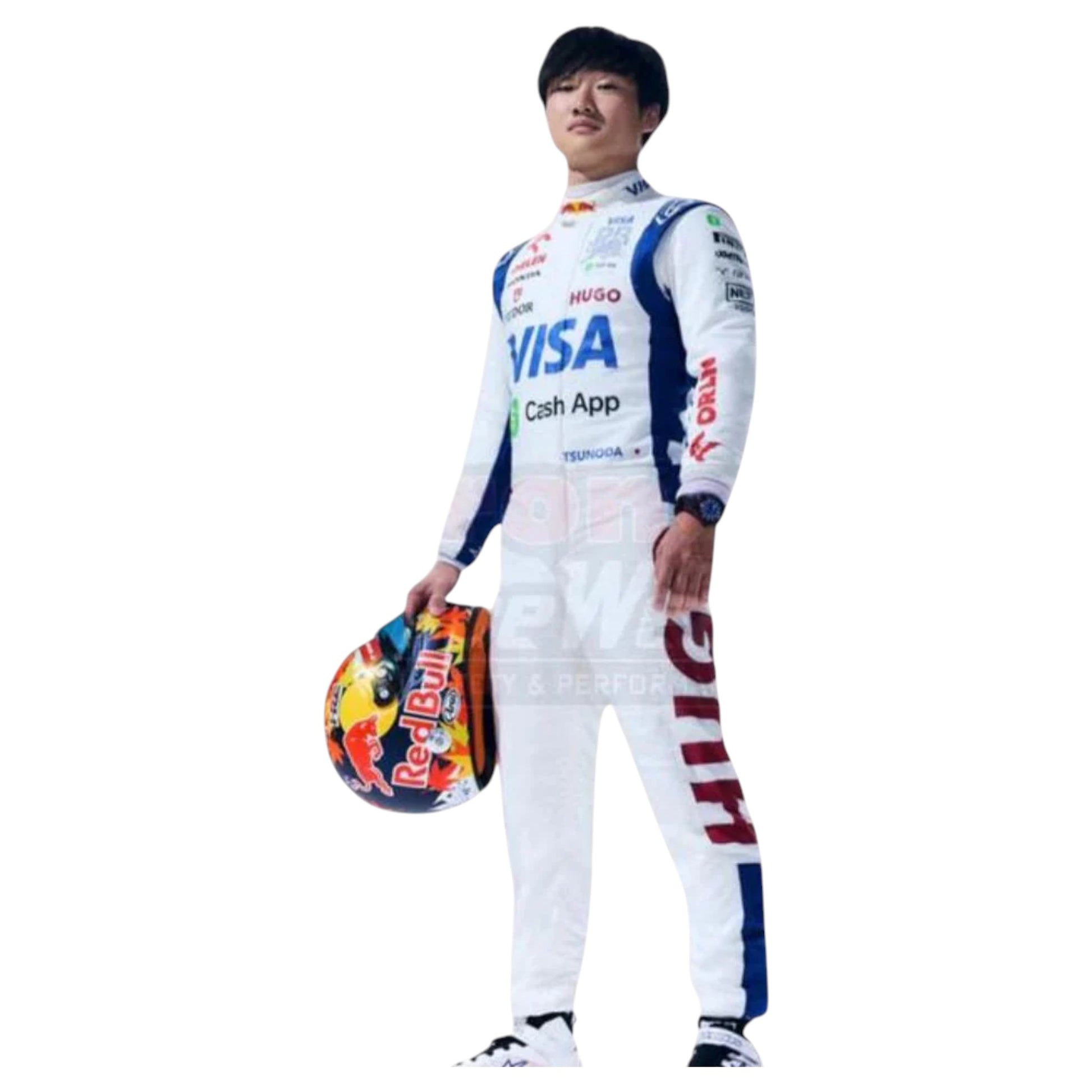 Yuki Tsunoda 2024 AlphaTauri F1 race suit replica with navy blue and white design featuring Red Bull and Honda branding