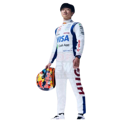 Yuki Tsunoda 2024 AlphaTauri F1 race suit replica with navy blue and white design featuring Red Bull and Honda branding