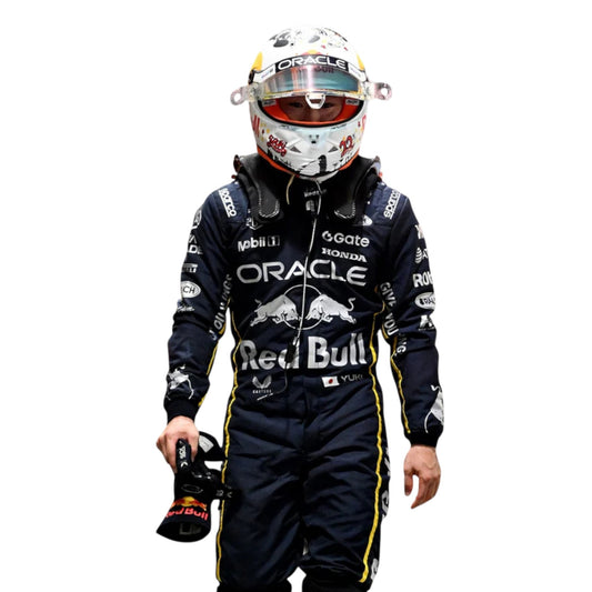 Yuki Tsunoda 2025 Red Bull Las Vegas GP F1 race suit replica featuring special edition Red Bull graphics and vibrant Vegas inspired design