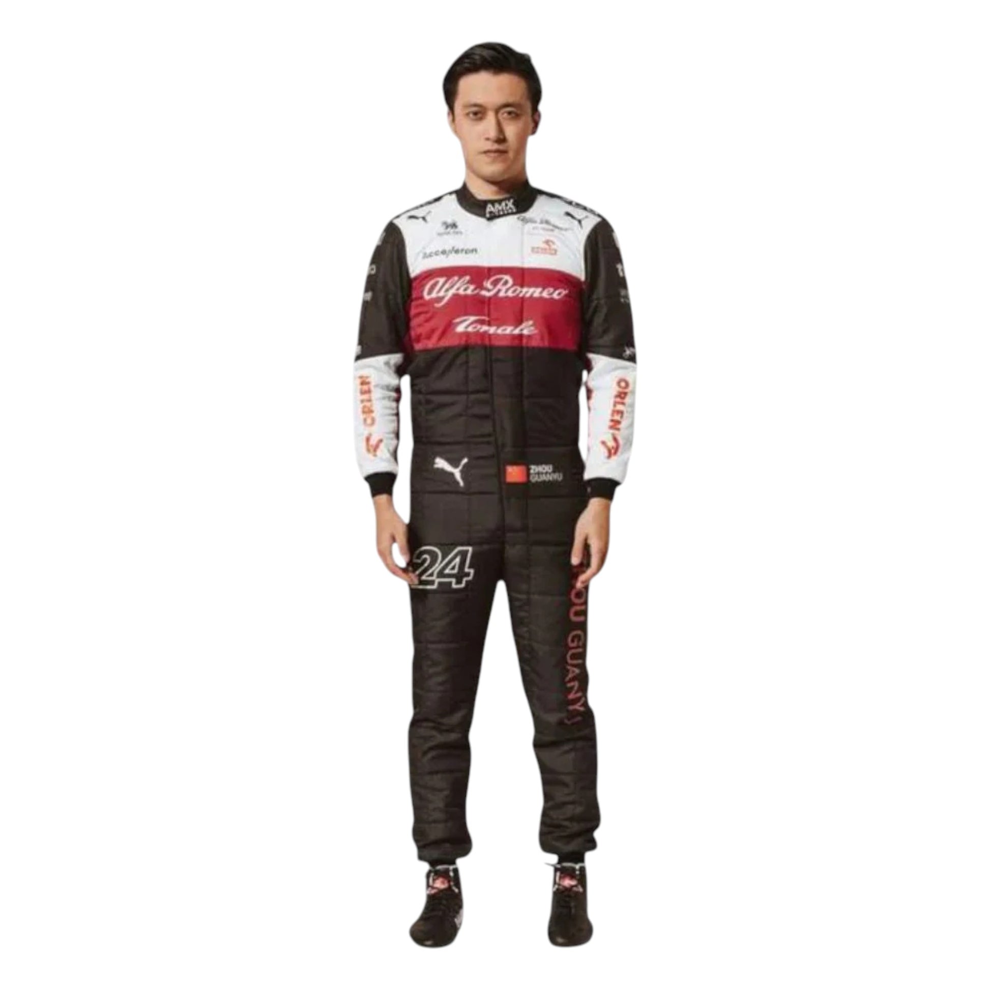 Zhou Guanyu 2022 Alfa Romeo F1 race suit replica with red and white Orlen team design